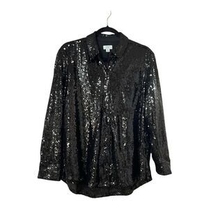 Crown & Ivy Button Up Blouse Womens PL Black Sequins Holiday Party Long Sleeve